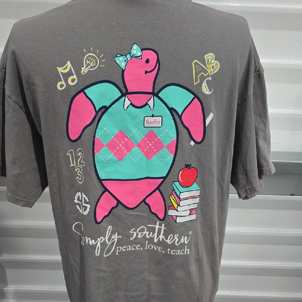 Simply Southern Gray Tee with Pink and Teal Turtle Peace Love‎ Teach Size XL